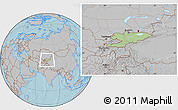 Savanna Style Location Map of Kyrgyzstan, gray outside, hill shading outside