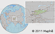 Savanna Style Location Map of Kyrgyzstan, gray outside, hill shading