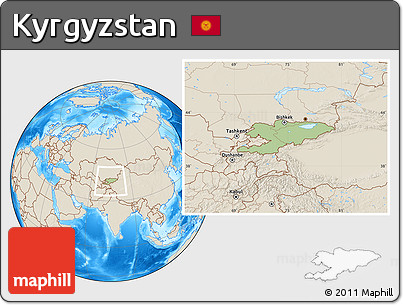Savanna Style Location Map of Kyrgyzstan, shaded relief outside