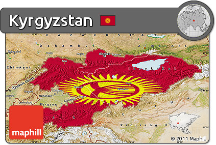 Flag Map of Kyrgyzstan, satellite outside, flag rotated