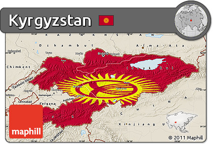 Flag Map of Kyrgyzstan, shaded relief outside, flag rotated