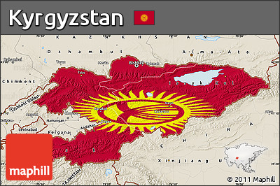Flag Map of Kyrgyzstan, shaded relief outside, flag rotated