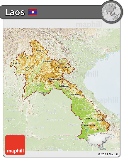 Physical 3D Map of Laos, lighten