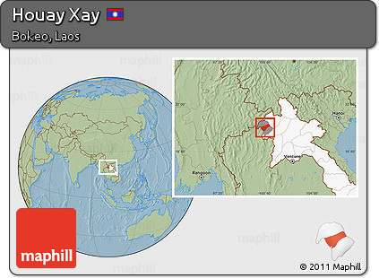 Savanna Style Location Map of Houay Xay, highlighted country, highlighted parent region, hill shading