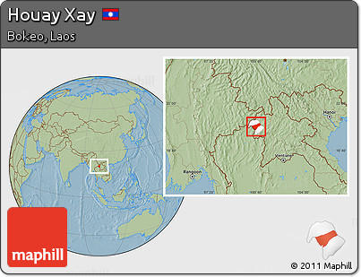 Savanna Style Location Map of Houay Xay, highlighted parent region, hill shading
