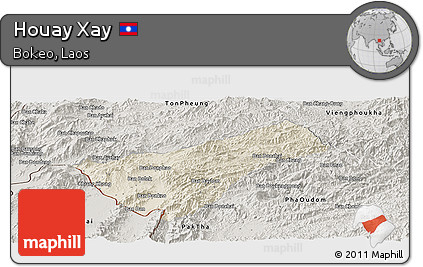 Shaded Relief Panoramic Map of Houay Xay, semi-desaturated