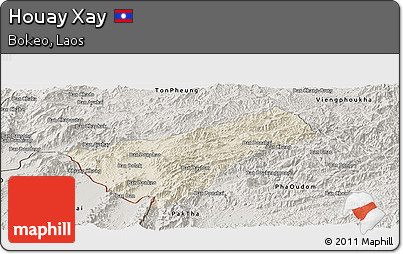 Shaded Relief Panoramic Map of Houay Xay, semi-desaturated