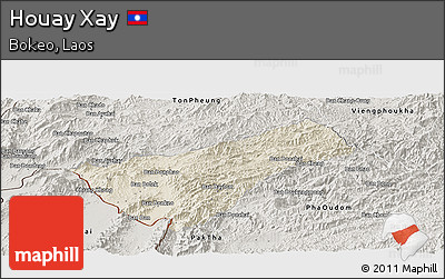 Shaded Relief Panoramic Map of Houay Xay, semi-desaturated