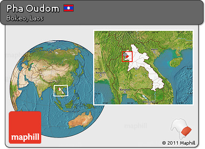 Satellite Location Map of Pha Oudom, highlighted country, highlighted parent region, within the entire country