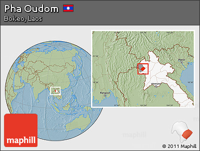 Savanna Style Location Map of Pha Oudom, highlighted country, highlighted parent region, hill shading