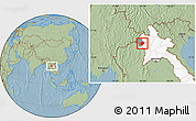 Savanna Style Location Map of Pha Oudom, highlighted country, highlighted parent region, hill shading