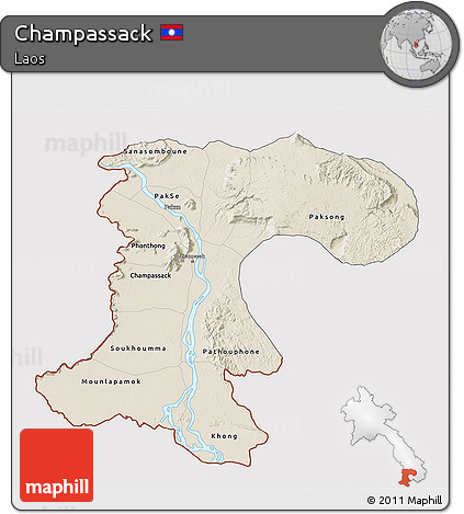 Shaded Relief 3D Map of Champassack, cropped outside