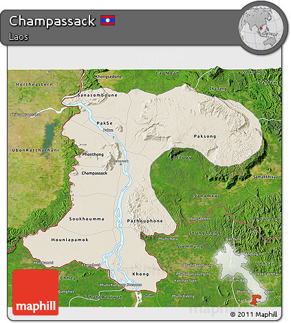 Shaded Relief 3D Map of Champassack, satellite outside