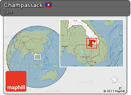 Savanna Style Location Map of Champassack, highlighted country, hill shading