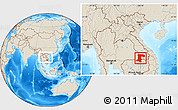 Shaded Relief Location Map of Champassack, within the entire country