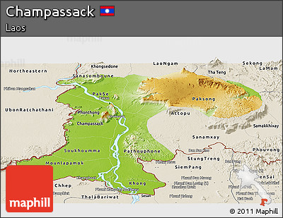 Physical Panoramic Map of Champassack, shaded relief outside
