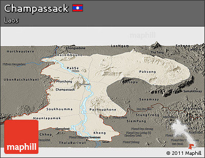Shaded Relief Panoramic Map of Champassack, darken