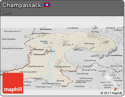 Shaded Relief Panoramic Map of Champassack, desaturated