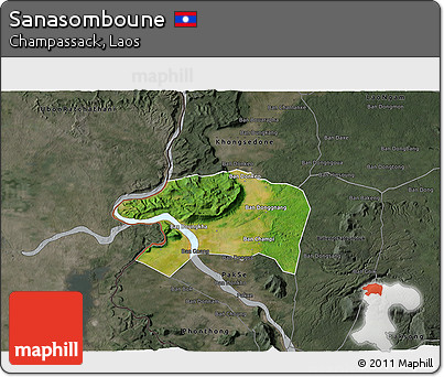 Satellite 3D Map of Sanasomboune, darken, semi-desaturated