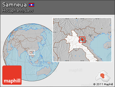 Gray Location Map of Samneua, highlighted country, highlighted parent region, hill shading