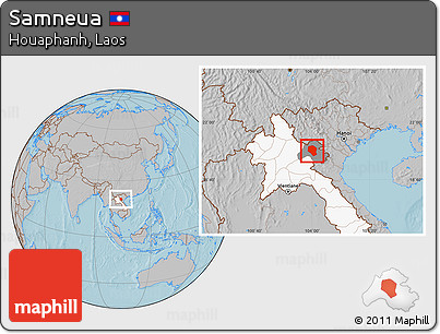 Gray Location Map of Samneua, highlighted country, highlighted parent region, hill shading