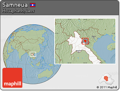 Savanna Style Location Map of Samneua, highlighted country, highlighted parent region, hill shading