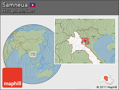 Savanna Style Location Map of Samneua, highlighted country, highlighted parent region, hill shading