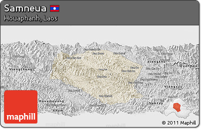 Shaded Relief Panoramic Map of Samneua, desaturated