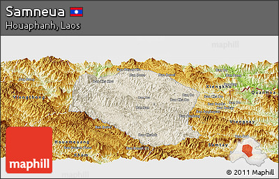 Shaded Relief Panoramic Map of Samneua, physical outside