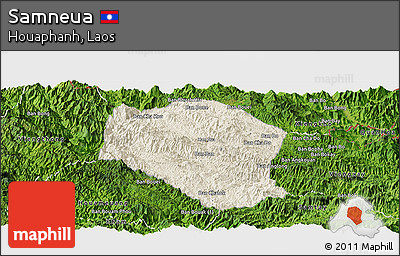 Shaded Relief Panoramic Map of Samneua, satellite outside