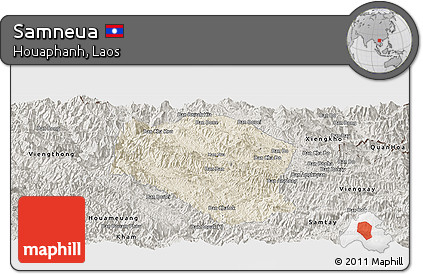 Shaded Relief Panoramic Map of Samneua, semi-desaturated