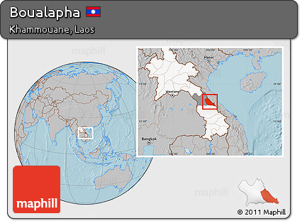 Gray Location Map of Boualapha, highlighted country, highlighted parent region, hill shading
