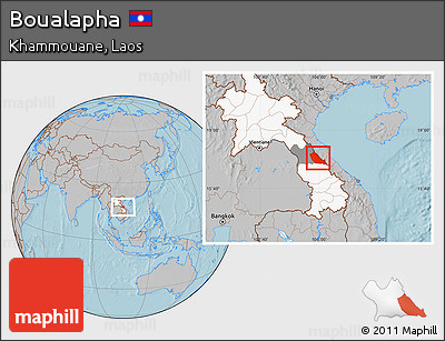Gray Location Map of Boualapha, highlighted country, highlighted parent region, hill shading