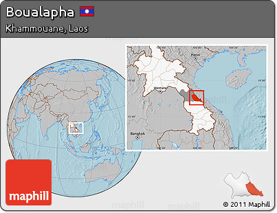 Gray Location Map of Boualapha, highlighted country, highlighted parent region, hill shading