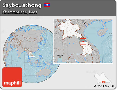 Gray Location Map of Saybouathong, highlighted country, highlighted parent region, hill shading
