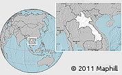 Blank Location Map of Laos, gray outside, hill shading outside