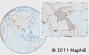 Gray Location Map of Laos, lighten, hill shading