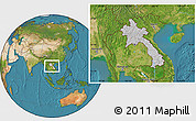 Gray Location Map of Laos, satellite outside, hill shading