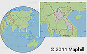 Gray Location Map of Laos, savanna style outside, hill shading inside