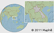 Gray Location Map of Laos, savanna style outside, hill shading