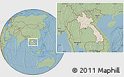 Shaded Relief Location Map of Laos, savanna style outside, hill shading