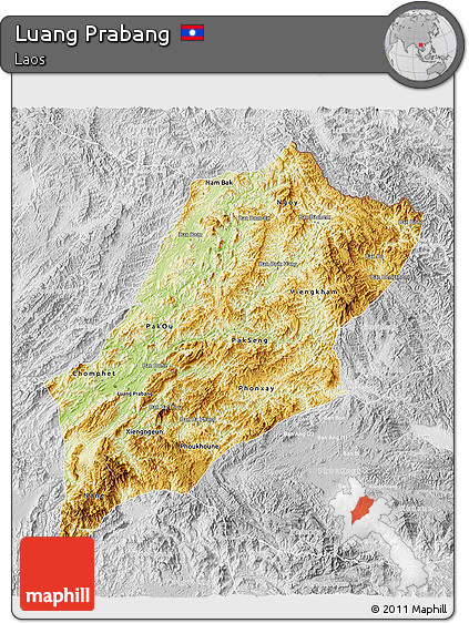 Physical 3D Map of Luang Prabang, lighten, desaturated
