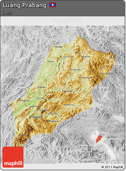 Physical 3D Map of Luang Prabang, lighten, desaturated