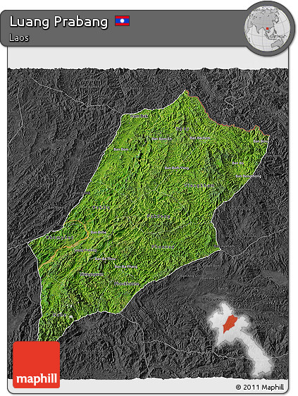 Satellite 3D Map of Luang Prabang, darken, desaturated