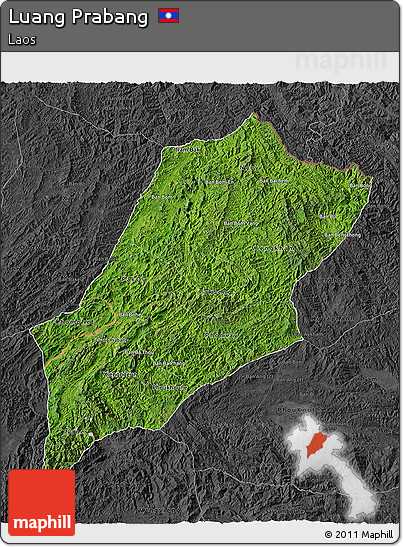 Satellite 3D Map of Luang Prabang, darken, desaturated