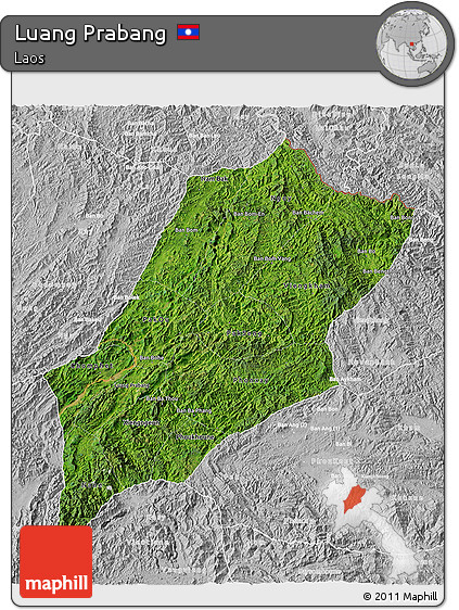 Satellite 3D Map of Luang Prabang, lighten, desaturated