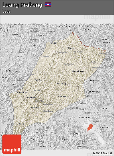 Shaded Relief 3D Map of Luang Prabang, desaturated