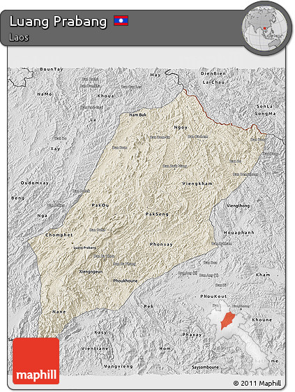 Shaded Relief 3D Map of Luang Prabang, desaturated