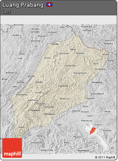 Shaded Relief 3D Map of Luang Prabang, desaturated
