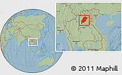 Savanna Style Location Map of Luang Prabang, within the entire country, hill shading